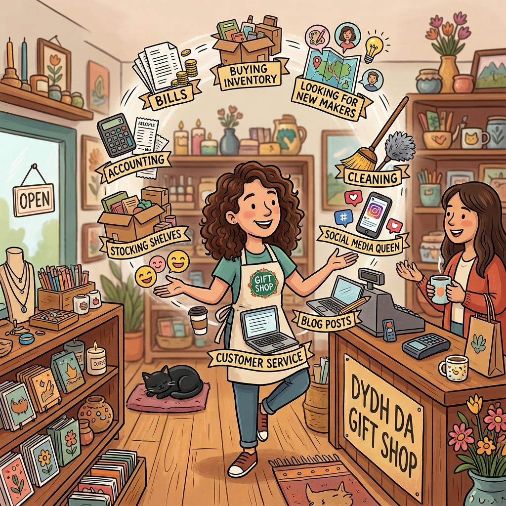 Gift shop owner surrounded by labeled business responsibilities
